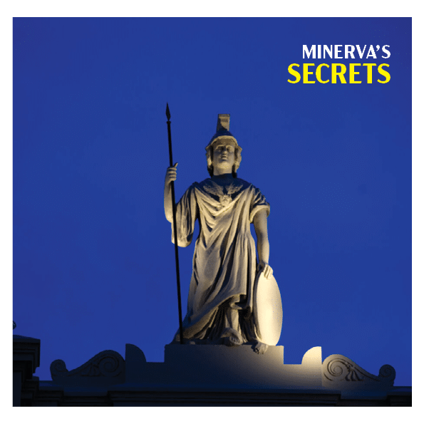 image of the statue of minerva at night, dark blue sky with statue up light